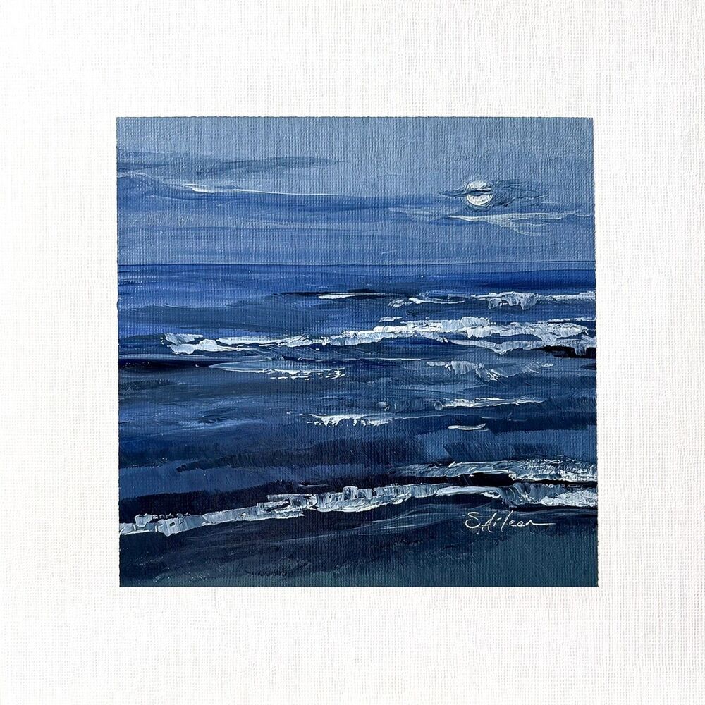 8x8 Original Oil Landscape Painting Nocturne Impressionist Ocean Coastal Signed